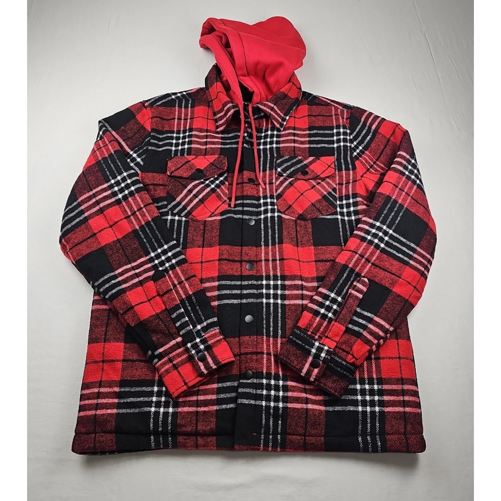 Men's Shacket By Rue 21 Size M Red And Black Plaid Hooded Lined Quilted, Pockets